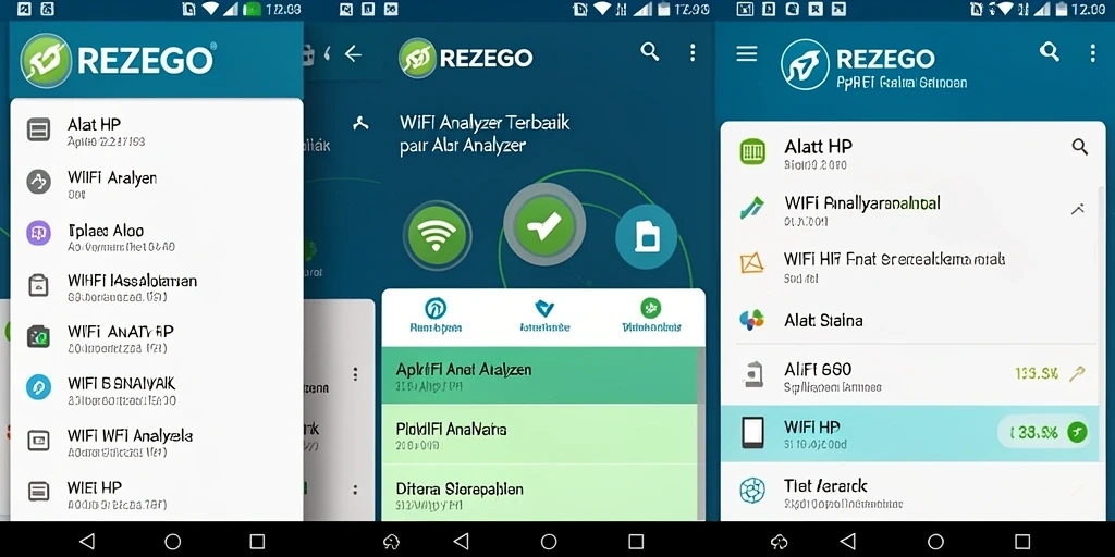 Screenshot antarmuka REZEGO menampilkan fitur WiFi Analyzer yang jelas.